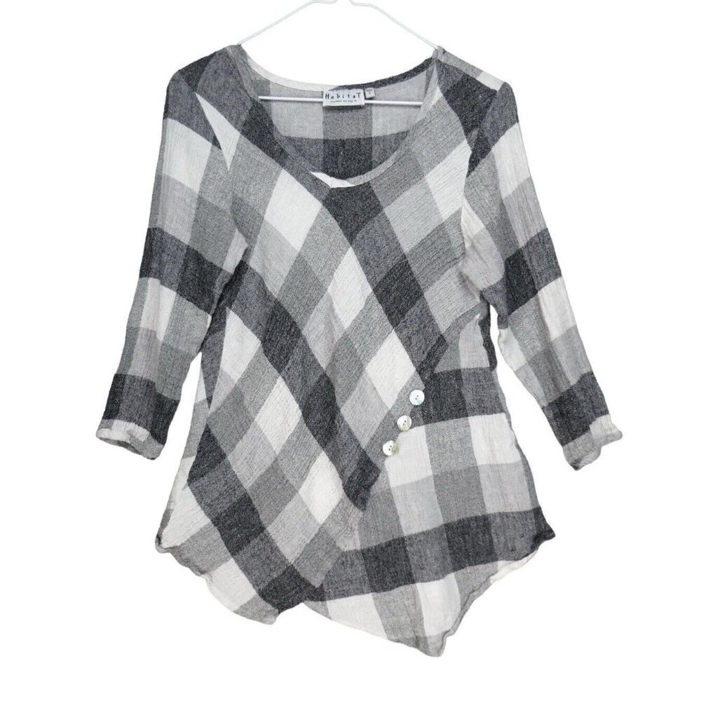 Habitat Linen Blend Tunic Top Size S Asymmetric Plaid Lagenlook grey white